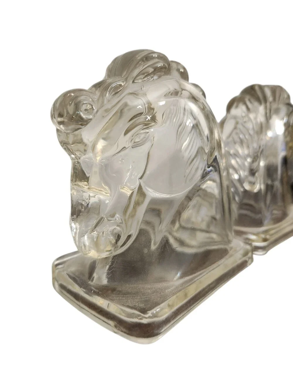 Vintage Mid Century Clear Glass Horse Head Bookends Paperweights Art Deco Hollow